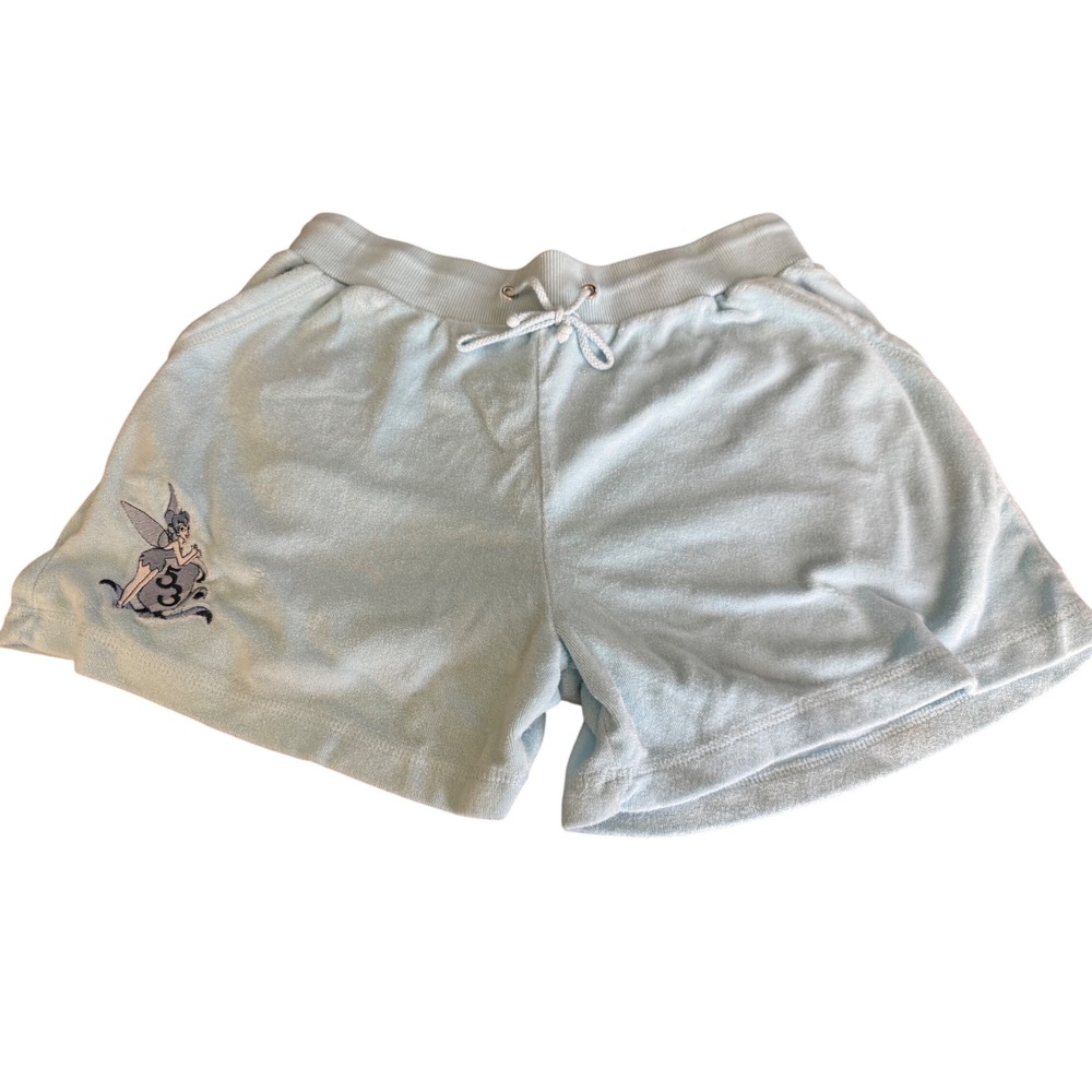 Y2K Disney Tinkerbell Lounge Shorts‎ Light Blue Fairy Embroidered Drawstring M
